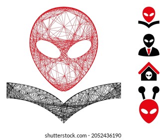 Vector wire frame alien knowledge book. Geometric wire frame flat network generated with alien knowledge book icon, designed with crossing lines. Some additional icons are added.