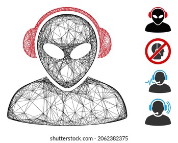 Vector wire frame alien operator. Geometric wire carcass 2D network generated with alien operator icon, designed with intersected lines. Some bonus icons are added.