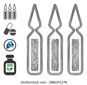 Vector wire frame ampoules. Geometric wire carcass flat net made from ampoules icon, designed from crossed lines. Some bonus icons are added.
