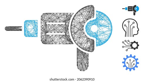 Vector wire frame angle grinder. Geometric linear frame 2D net made from angle grinder icon, designed from crossing lines. Some bonus icons are added.