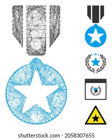 Vector wire frame army star award. Geometric wire carcass flat net based on army star award icon, designed from intersected lines. Some bonus icons are added.