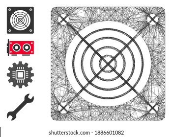 Vector wire frame ASIC miner hardware. Geometric wire frame 2D network made from ASIC miner hardware icon, designed from crossing lines. Some bonus icons are added.