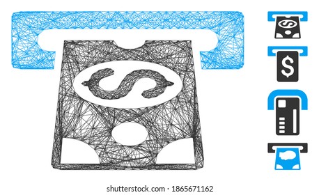 Vector wire frame ATM cashout. Geometric wire frame 2D network made from ATM cashout icon, designed with crossed lines. Some bonus icons are added.