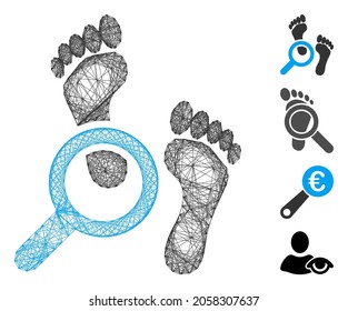 Vector wire frame audit footprints. Geometric wire frame 2D net generated with audit footprints icon, designed with crossed lines. Some bonus icons are added.