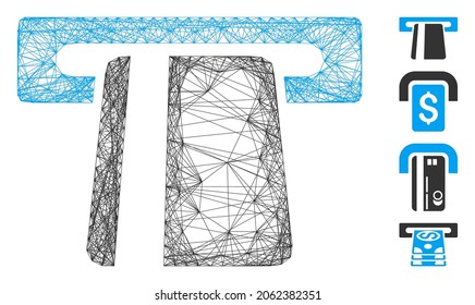 Servicio de banca automatizado con marco de cable de vectores. Red plana con estructura de alambre geométrica hecha con un icono de servicio bancario automatizado, diseñado a partir de líneas de cruce. Se añaden algunos iconos adicionales.