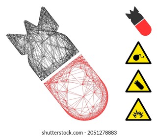 Bomba de aviación con marco de vectores. Red 2D de canal geométrica de alambre generada con un icono de bomba de aviación, diseñado con líneas cruzadas. Se agregan otros iconos.