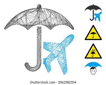 Vector wire frame aviation umbrella. Geometric wire carcass flat net generated with aviation umbrella icon, designed with crossing lines. Some bonus icons are added.