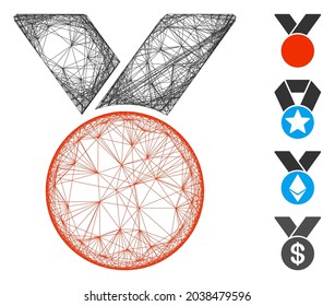 Vector wire frame award medal. Geometric wire carcass flat network made from award medal icon, designed from crossed lines. Some bonus icons are added.