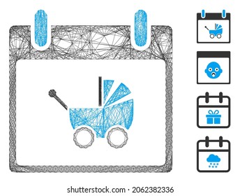 Vector wire frame baby carriage calendar day. Geometric hatched frame flat net made from baby carriage calendar day icon, designed from crossing lines. Some bonus icons are added.