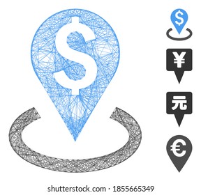 Vector wire frame bank location. Geometric wire carcass flat net generated with bank location icon, designed with crossing lines. Some bonus icons are added.