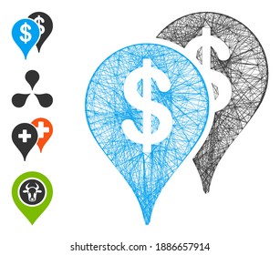 Vector wire frame bank map pointers. Geometric wire frame 2D net generated with bank map pointers icon, designed with intersected lines. Some bonus icons are added.
