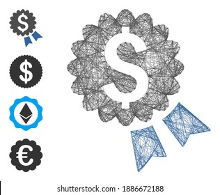 Vector wire frame banking award seal. Geometric hatched frame 2D net generated with banking award seal icon, designed with crossing lines. Some bonus icons are added.