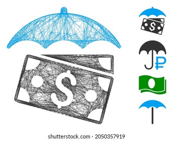 Vector wire frame banknotes umbrella. Geometric wire carcass 2D net made from banknotes umbrella icon, designed with crossing lines. Some bonus icons are added.