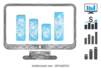 Vector wire frame bar chart monitoring. Geometric linear frame 2D network made from bar chart monitoring icon, designed with crossed lines. Some bonus icons are added.
