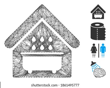 Cuarto de baño con marco de alambre de vectores. Red plana de marco lineal geométrico generada con icono de baño, diseñada con líneas de cruce. Se añaden algunos iconos adicionales.