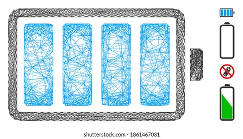Batería del marco del vector. Red plana de armazón geométrico de alambre generada con un icono de batería, diseñado con líneas cruzadas. Se añaden algunos iconos adicionales.