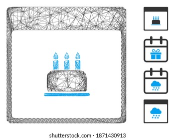 Vector wire frame birthday cake calendar page. Geometric wire frame flat net made from birthday cake calendar page icon, designed from intersected lines. Some bonus icons are added.