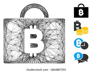 Vector wire frame Bitcoin accounting case. Geometric hatched frame 2D network made from Bitcoin accounting case icon, designed from intersected lines. Some bonus icons are added.