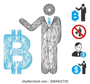 Alambre de vectores Banquero de Bitcoin. Red 2D de canal geométrica de alambre generada con icono de banca Bitcoin, diseñado con líneas cruzadas. Se añaden algunos iconos adicionales.