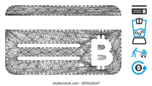Vector wire frame Bitcoin banking card. Geometric wire frame flat network generated with Bitcoin banking card icon, designed with crossed lines. Some bonus icons are added.
