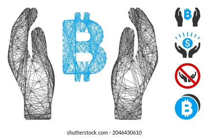 Vector wire frame Bitcoin care hands. Geometric linear frame 2D net generated with Bitcoin care hands icon, designed with crossing lines. Some similar icons are added.