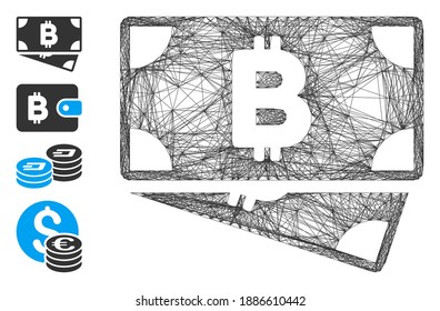 Vektor Draht Rahmen Bitcoin Bargeld-Banknoten. Geometrisches Drahtnetz 2D, erzeugt mit dem Bitcoin-Banknoten-Symbol, konstruiert aus Intersected-Linien. Es werden einige Bonussymbole hinzugefügt.