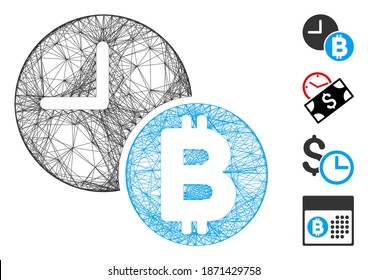 Vector wire frame Bitcoin credit clock. Geometric wire frame flat net generated with Bitcoin credit clock icon, designed with intersected lines. Some bonus icons are added.
