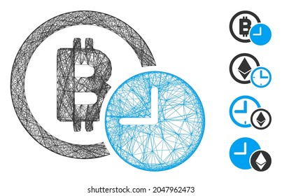 Vector wire frame Bitcoin credit clock. Geometric linear frame 2D net generated with Bitcoin credit clock icon, designed with crossing lines. Some other icons are added.