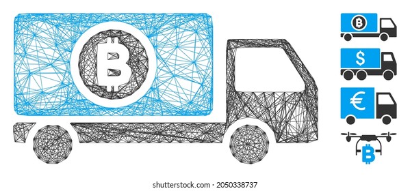 Vector wire frame Bitcoin delivery truck. Geometric wire carcass flat network generated with Bitcoin delivery truck icon, designed with intersected lines. Some similar icons are added.