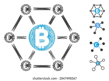 Vectordrahmen Bitcoin Euro Finanznetz. Geometrisches Drahtnetz 2D Netzwerk aus Bitcoin Euro Finanznetz Symbol, entworfen aus gekreuzten Linien. Es werden einige Bonussymbole hinzugefügt.