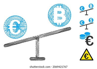 Vector wire frame Bitcoin Euro market swings. Geometric wire frame flat net made from Bitcoin Euro market swings icon, designed from intersected lines. Some bonus icons are added.