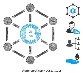 Vector wire frame Bitcoin finance netwok. Geometric linear frame flat network made from Bitcoin finance netwok icon, designed from intersected lines. Some bonus icons are added.