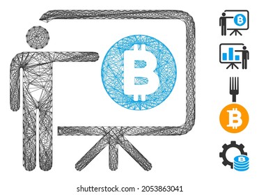 Vector wire frame Bitcoin lecture board. Geometric wire carcass flat net generated with Bitcoin lecture board icon, designed with intersected lines. Some bonus icons are added.