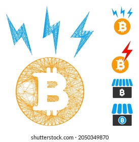 Vector wire frame Bitcoin lightnings. Geometric wire frame flat net generated with Bitcoin lightnings icon, designed with intersected lines. Some similar icons are added.