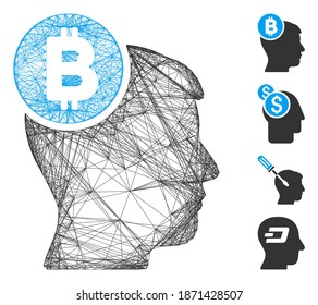 Vector wire frame Bitcoin mind head. Geometric wire frame flat net based on Bitcoin mind head icon, designed with crossing lines. Some bonus icons are added.