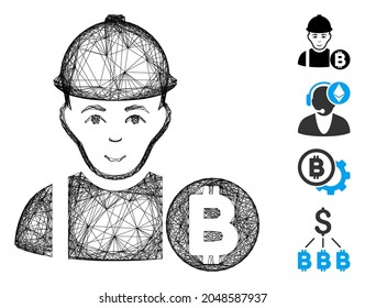 Vector wire frame Bitcoin miner. Geometric linear frame flat network made from Bitcoin miner icon, designed from intersected lines. Some additional icons are added.