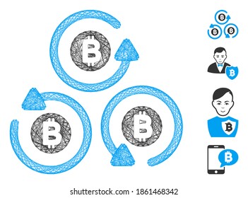 Vector wire frame Bitcoin mixer rotation. Geometric wire frame flat net generated with Bitcoin mixer rotation icon, designed with crossing lines. Some bonus icons are added.