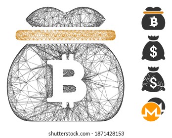Lazo de vectores Bolsa de dinero Bitcoin. Red 2D de marco geométrico de alambre de alambre hecho con el icono de bolsa de dinero de Bitcoin, diseñado a partir de líneas cruzadas. Se añaden algunos iconos adicionales.