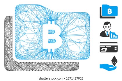 Vector wire frame Bitcoin purse. Geometric linear frame 2D net generated with Bitcoin purse icon, designed with intersected lines. Some bonus icons are added.