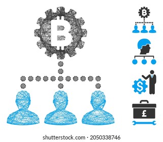 Vector wire frame Bitcoin service staff. Geometric wire frame 2D net made from Bitcoin service staff icon, designed from crossed lines. Some bonus icons are added.