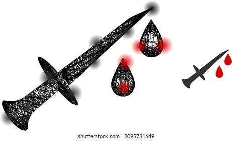 Icono de la espada de sangre del marco del vector con manchas. Red plana de armazón de alambre geométrico basada en el icono de la espada de sangre, generada con líneas de cruce, con manchas redondas.