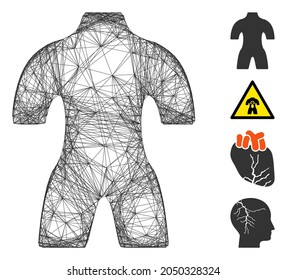 Vector wire frame body. Geometric linear frame flat network made from body icon, designed from crossing lines. Some other icons are added.