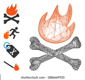 Vector wire frame bones hell fire. Geometric hatched frame 2D net made from bones hell fire icon, designed from crossing lines. Some bonus icons are added.