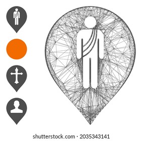 Vector wire frame buddhist monk marker. Geometric wire frame flat net generated with buddhist monk marker icon, designed from crossed lines. Some bonus icons are added.