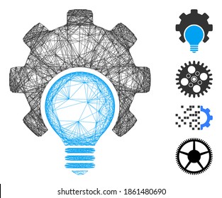 Vector wire frame bulb configuration gear. Geometric wire frame 2D net made from bulb configuration gear icon, designed from intersected lines. Some bonus icons are added.