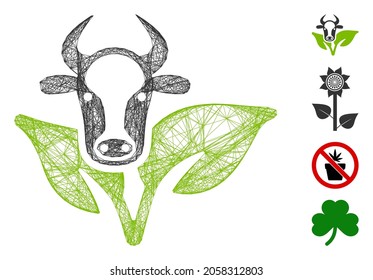 Vector wire frame bull and plant. Geometric linear frame 2D network generated with bull and plant icon, designed with intersected lines. Some bonus icons are added.