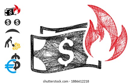 Vector wire frame burn dollar banknotes. Geometric wire frame flat net made from burn dollar banknotes icon, designed with crossed lines. Some bonus icons are added.