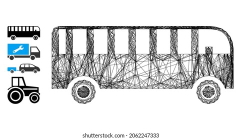 Vector wire frame bus. Geometric linear frame flat network generated with bus icon, designed with crossed lines. Some bonus icons are added.