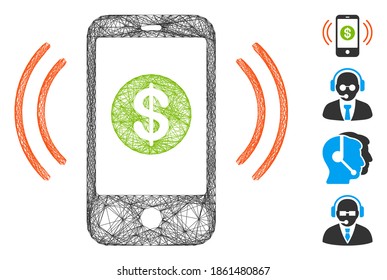 Llamada de negocios de marco de cable de vectores. Red 2D del marco de alambre geométrico basada en el icono de llamada comercial, diseñado a partir de líneas interconectadas. Se añaden algunos iconos adicionales.