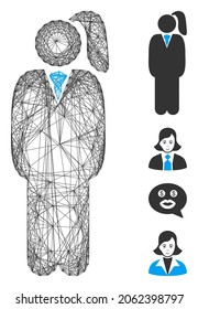 Vector wire frame business lady. Geometric wire frame 2D network made from business lady icon, designed from crossed lines. Some bonus icons are added.